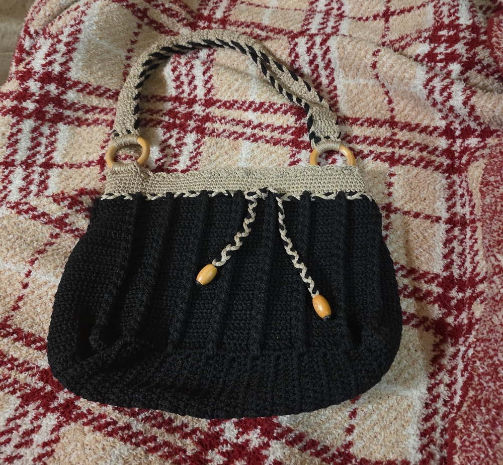 Handcrafted Black Crochet Shoulder Bag with Natural Trim